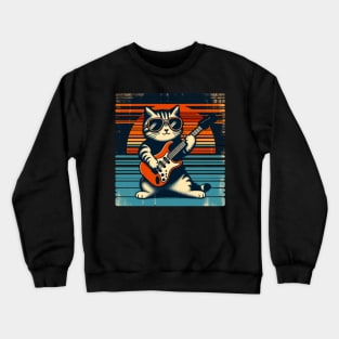 Electric Guitar Cat Rock Music Retro Funny Cat Crewneck Sweatshirt